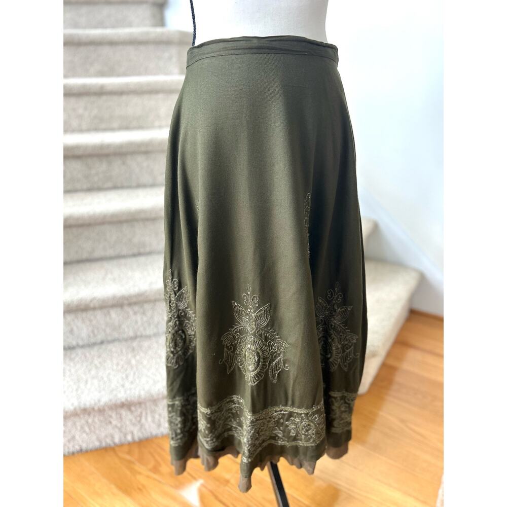 Coldwater Creek Olive Green Embroidered Maxi Skirt
